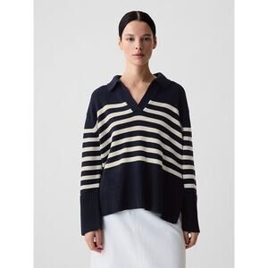 NWT Gap 24/7 Split Hem Oversized Cotton Polo Sweater Nautical Blue Stripe Small